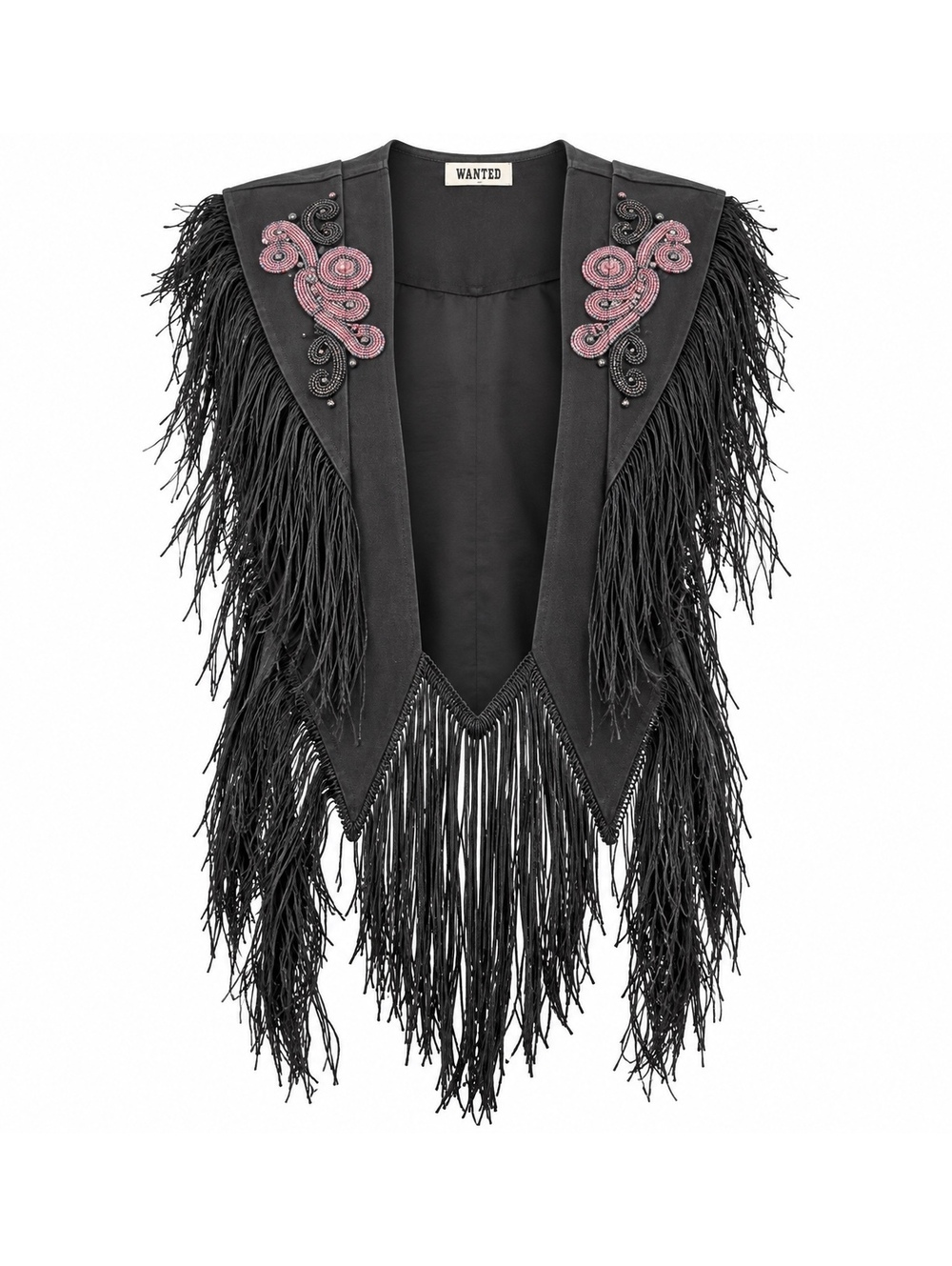 Vintage Wanted Black Beaded Fringe Western Vest